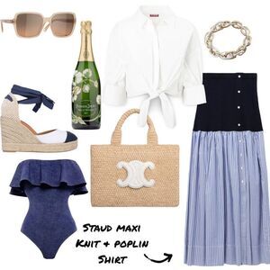 Staud Blue Knit & Poplin Striped Maxi Skirt